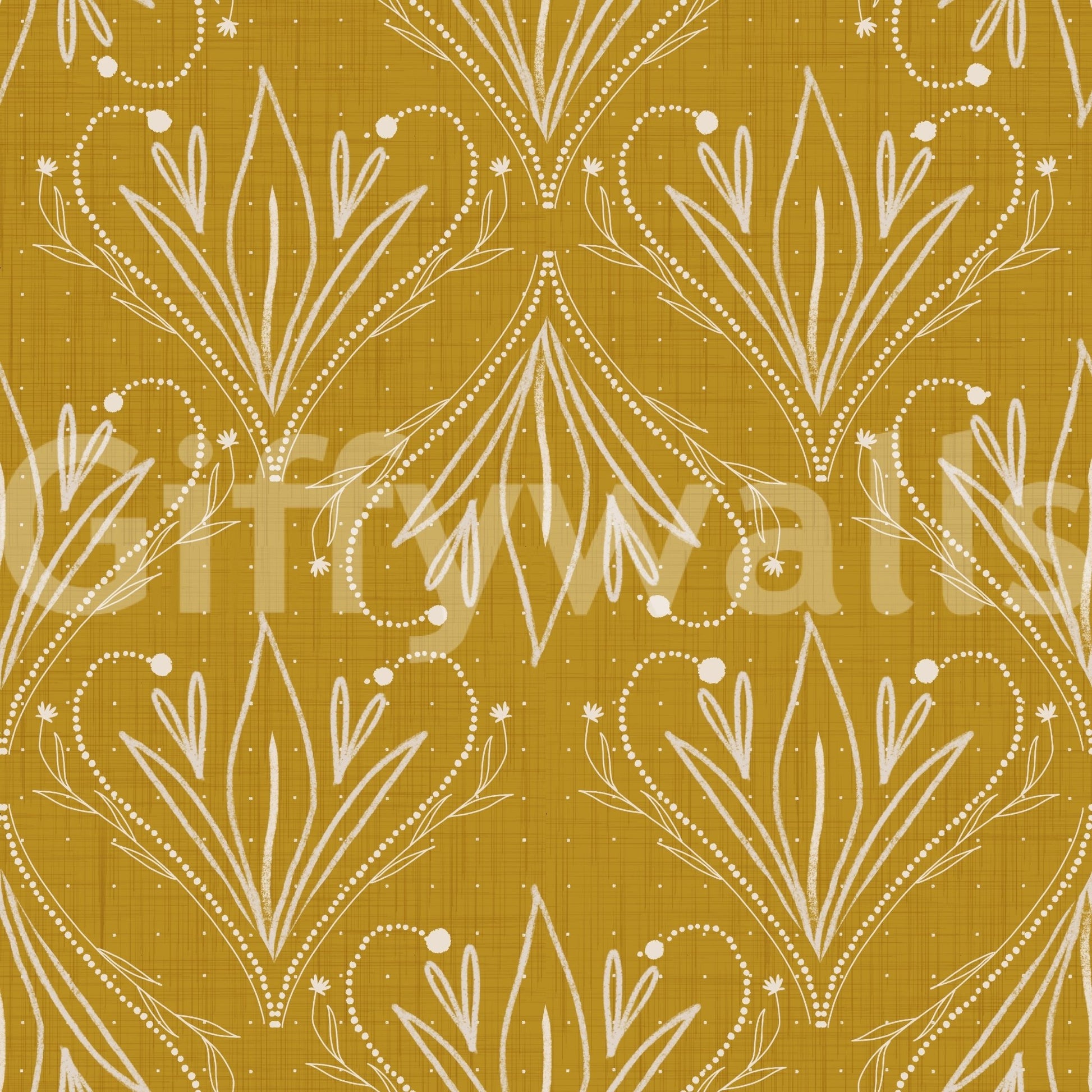 Boho Art Nouveau Folk Floral Mustard Gold wallpaper close-up showing cream folk floral motifs on gold