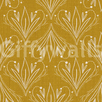 Boho Art Nouveau Folk Floral Mustard Gold wallpaper close-up showing cream folk floral motifs on gold