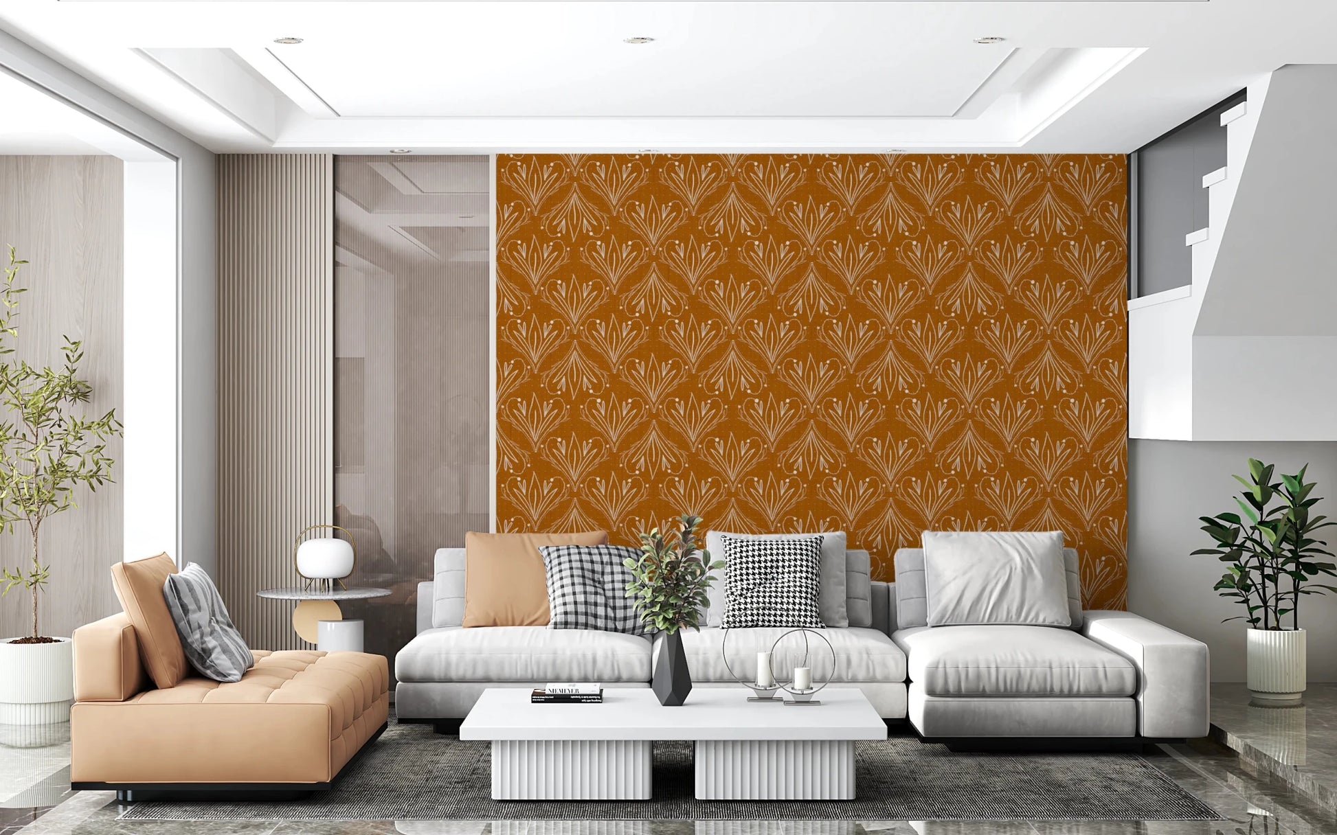 Boho Art Nouveau Folk Floral Mustard Gold Wallpaper – Hand Drawn Wallpaper⁠