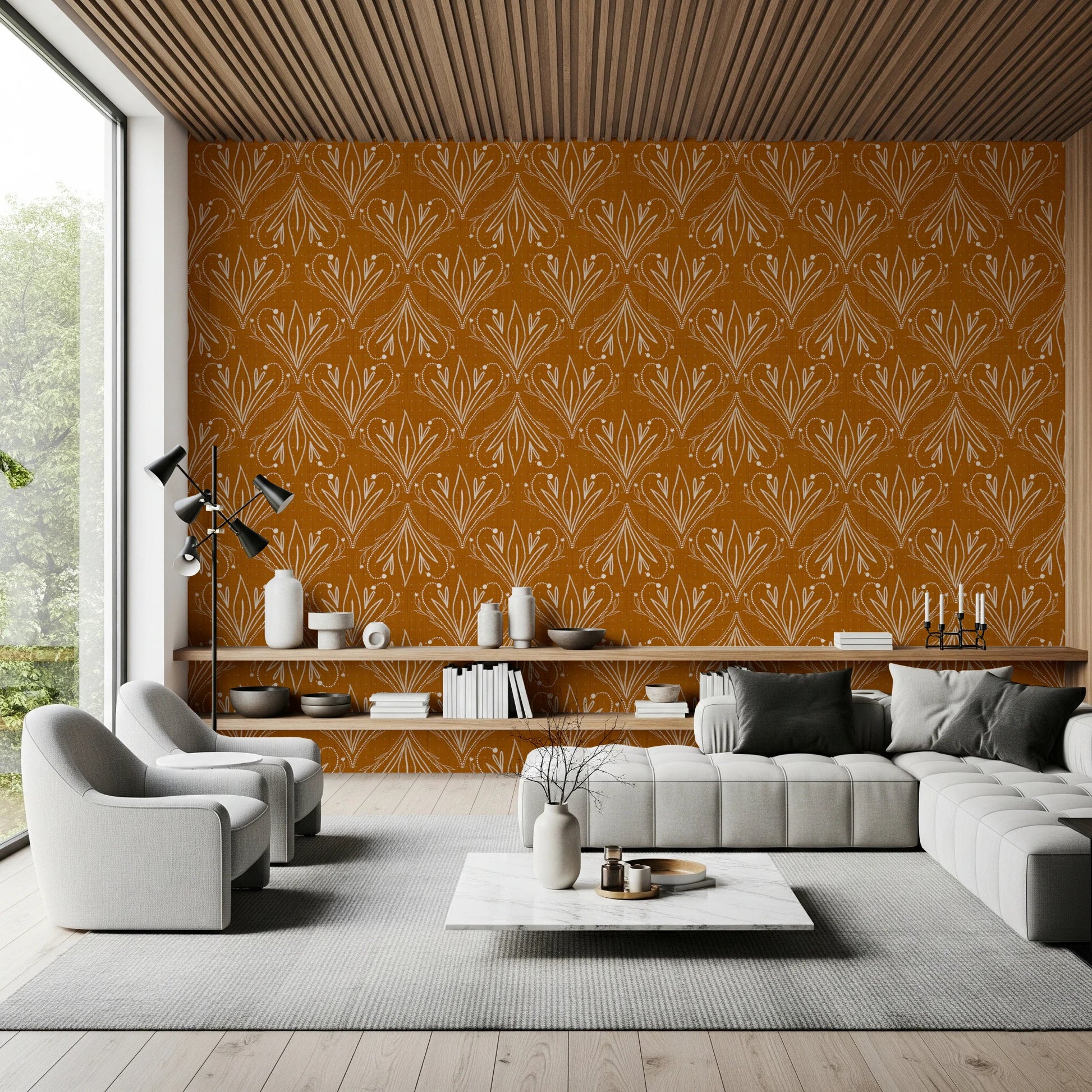 Boho Art Nouveau Folk Floral Mustard Gold Wallpaper – Hand Drawn Wallpaper⁠