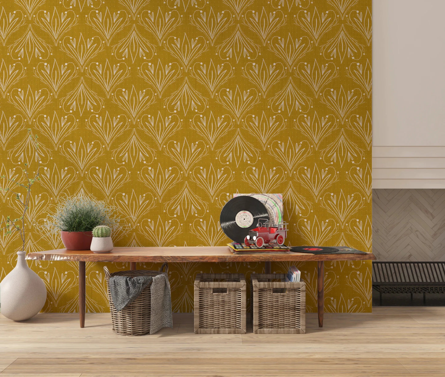 Boho Art Nouveau Folk Floral Mustard Gold wallpaper behind a wood bench with vinyl records in an entryway