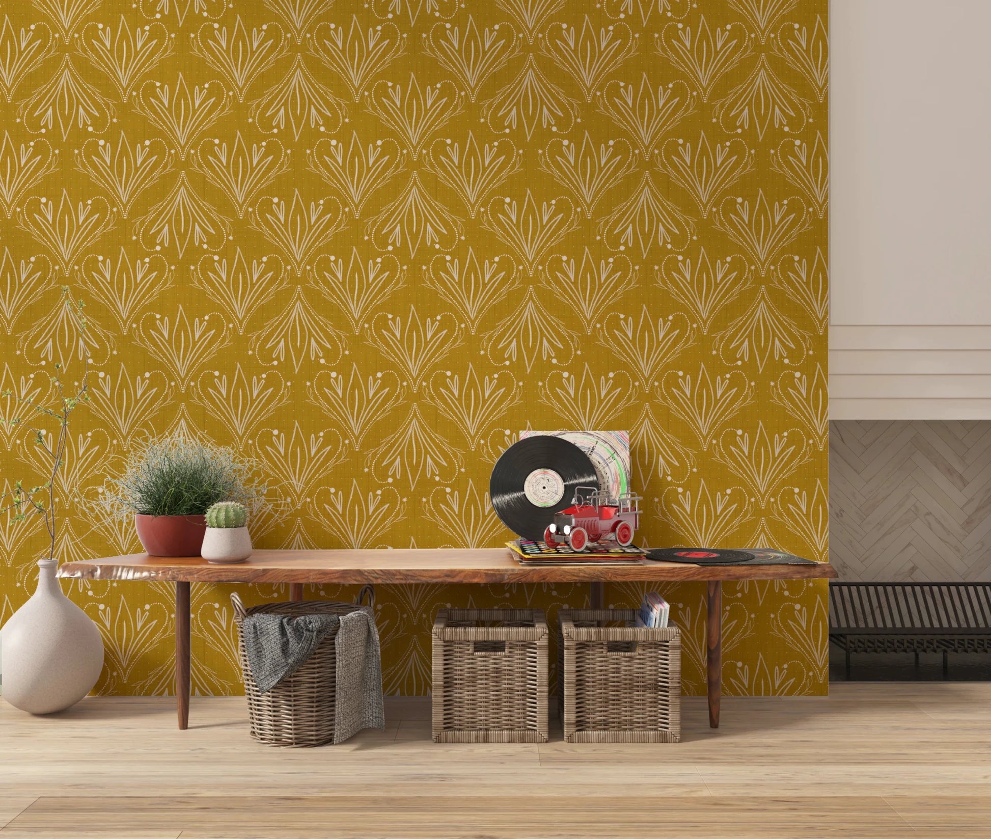 Boho Art Nouveau Folk Floral Mustard Gold wallpaper behind a wood bench with vinyl records in an entryway