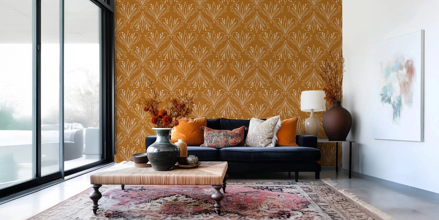 Boho Art Nouveau Folk Floral Mustard Gold Wallpaper – Hand Drawn Wallpaper⁠