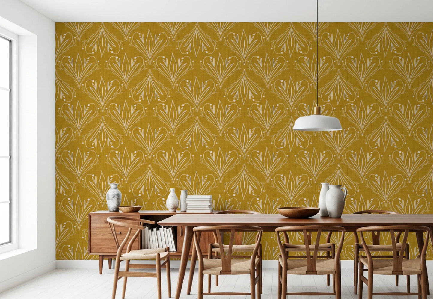 Boho Art Nouveau Folk Floral Mustard Gold wallpaper behind a walnut dining table and wishbone chairs