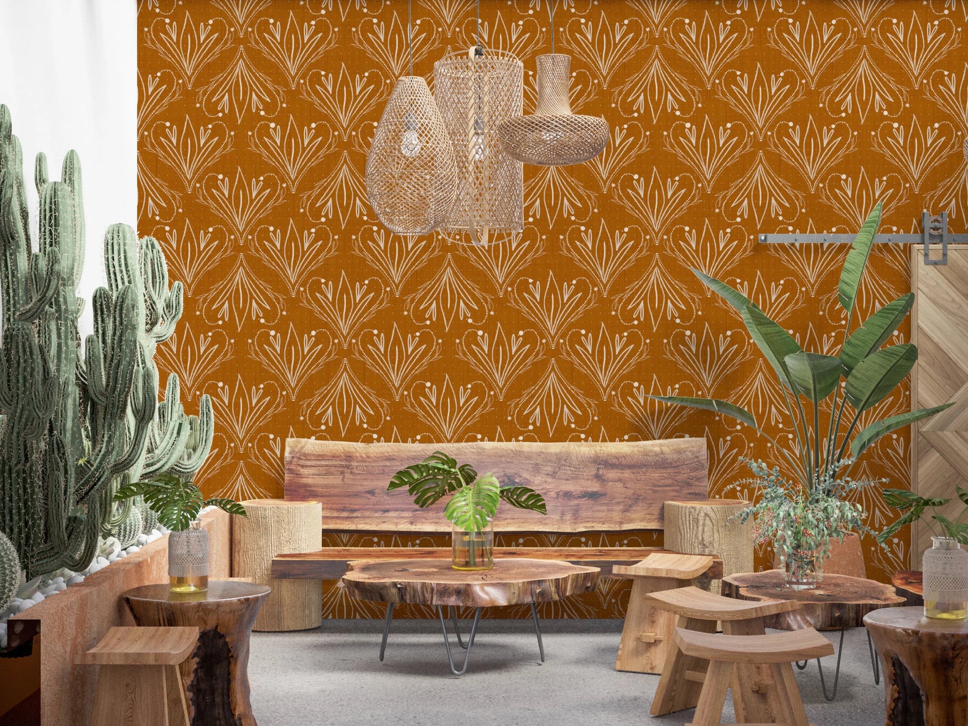 Boho Art Nouveau Folk Floral Mustard Gold Wallpaper – Hand Drawn Wallpaper⁠