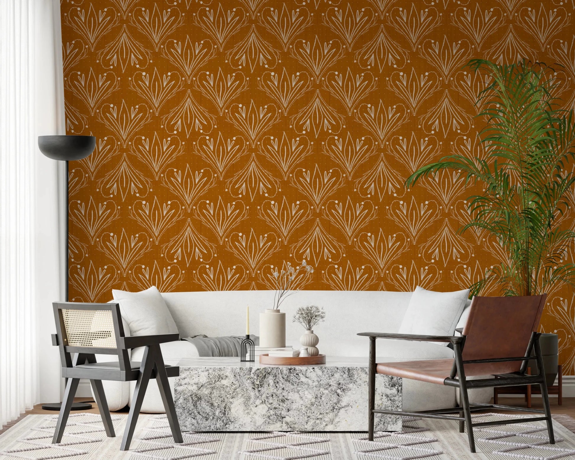 Boho Art Nouveau Folk Floral Mustard Gold Wallpaper – Hand Drawn Wallpaper⁠