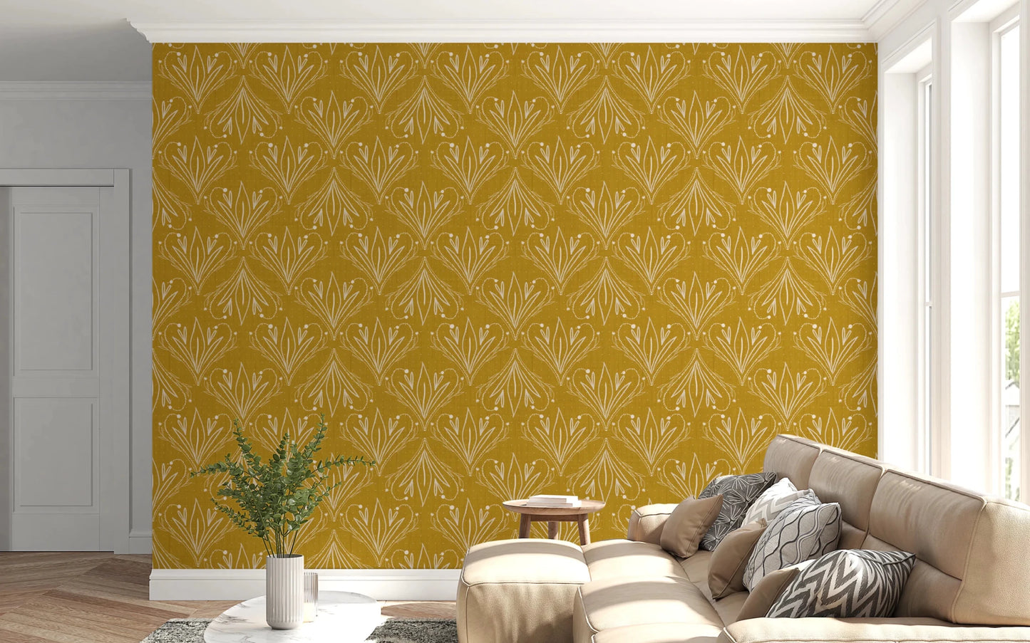 Boho Art Nouveau Folk Floral Mustard Gold wallpaper behind a beige sofa with grey cushions in a living room
