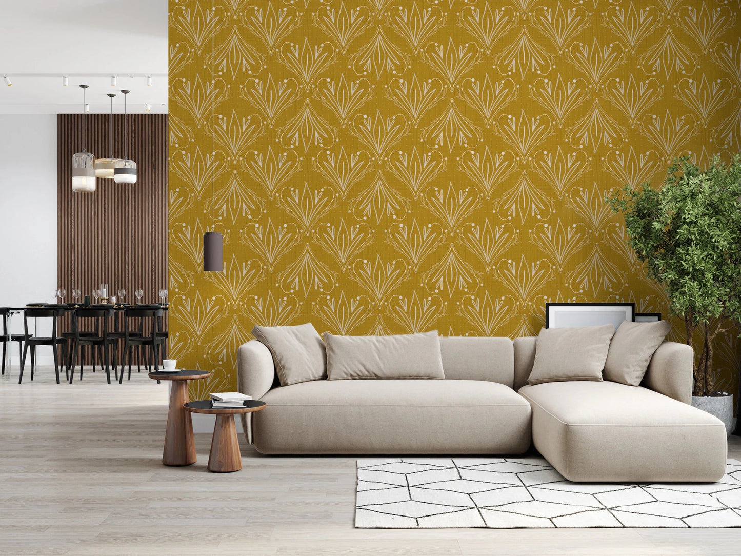 Boho Art Nouveau Folk Floral Mustard Gold wallpaper behind a beige sectional sofa in an open-plan living room