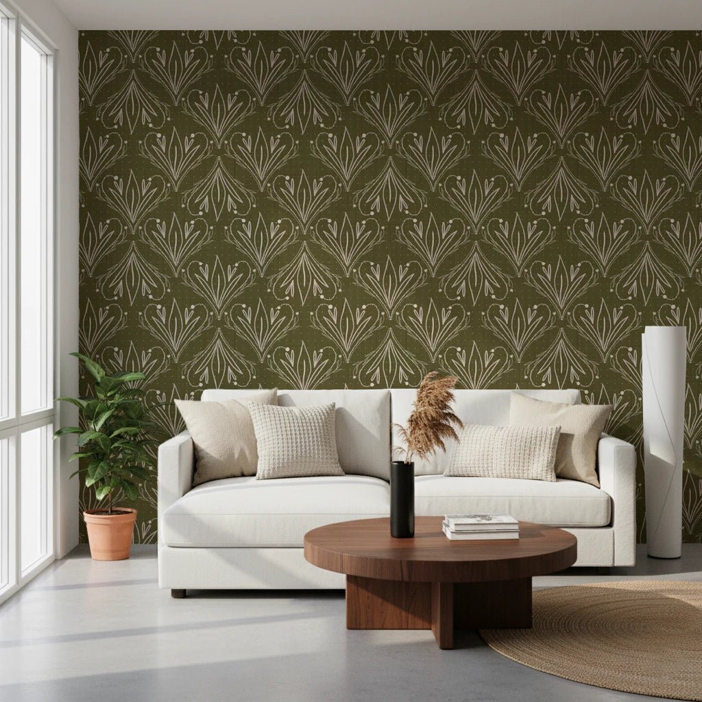 Boho Art Nouveau Folk Floral Olive Green Wallpaper – Hand Drawn Wallpaper⁠