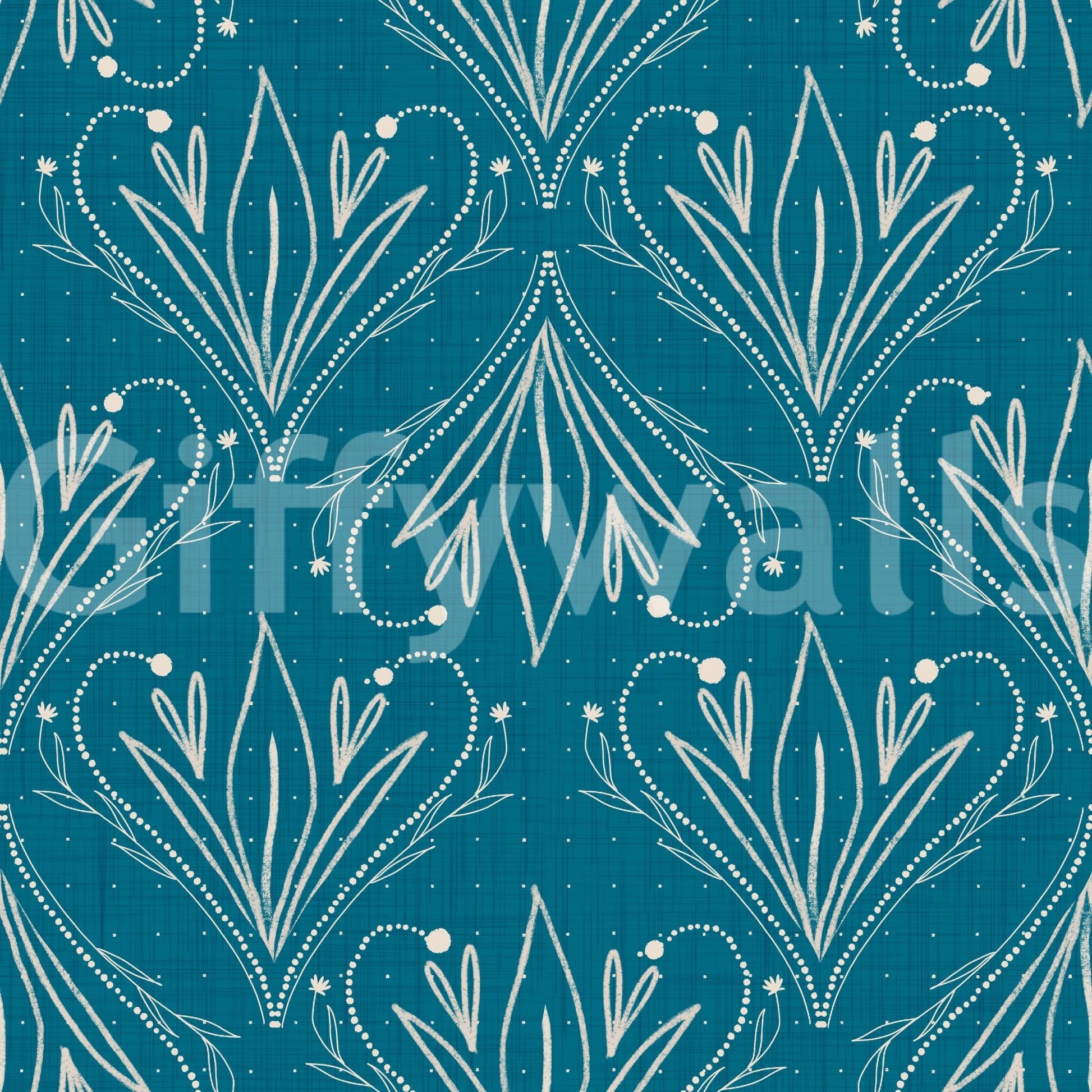 Boho Art Nouveau Folk Floral Teal Blue Wallpaper – Hand Drawn Wallpaper⁠