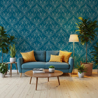 Boho Art Nouveau Folk Floral Teal Blue Wallpaper – Hand Drawn Wallpaper⁠