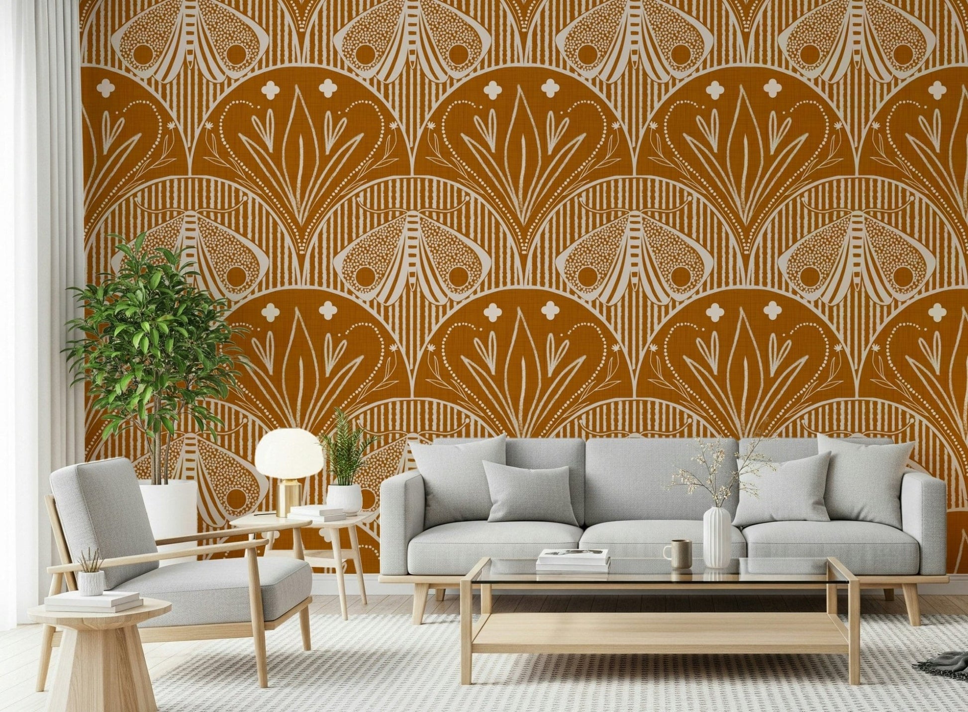 Boho Art Nouveau Scallop Butterfly Floral in Burnt Orange wallpaper mural behind a grey sofa and armchair