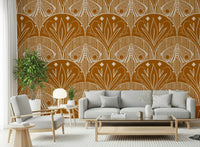 Boho Art Nouveau Scallop Butterfly Floral in Burnt Orange wallpaper mural behind a grey sofa and armchair