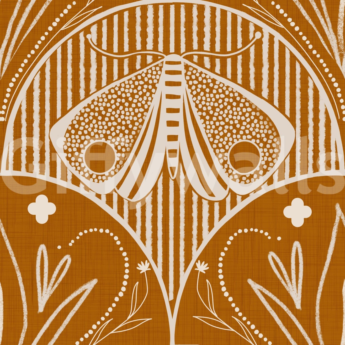 Boho Art Nouveau Scallop Butterfly Floral in Burnt Orange wallpaper close-up showing the cream moth and tulip motif