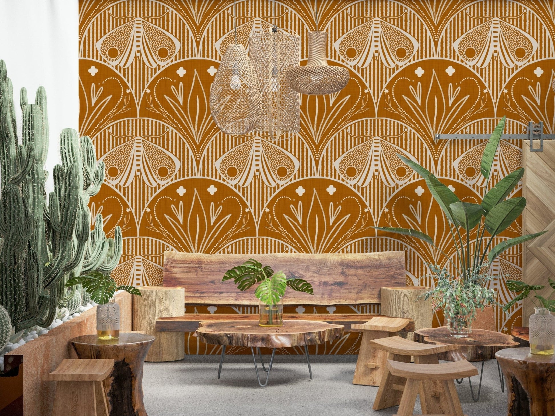 Boho Art Nouveau Scallop Butterfly Floral in Burnt Orange wallpaper mural in a boho lounge with wood stump tables