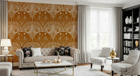 Boho Art Nouveau Scallop Butterfly Floral in Burnt Orange wallpaper mural behind a cream tufted sofa in a living room