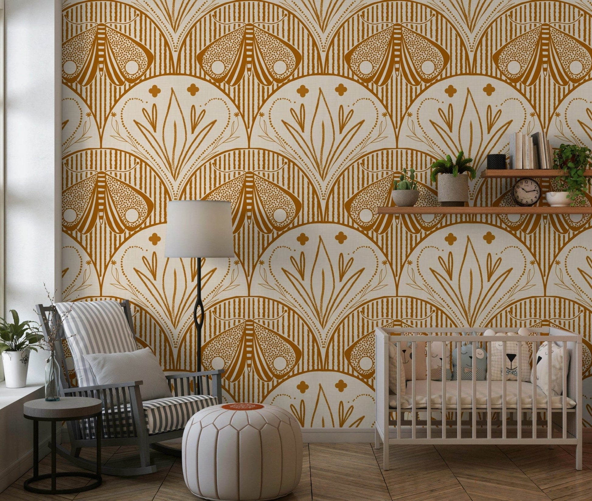 Scallop Butterfly or Floral wall mural, earth tones, warm hue, artisan, decorative surface.