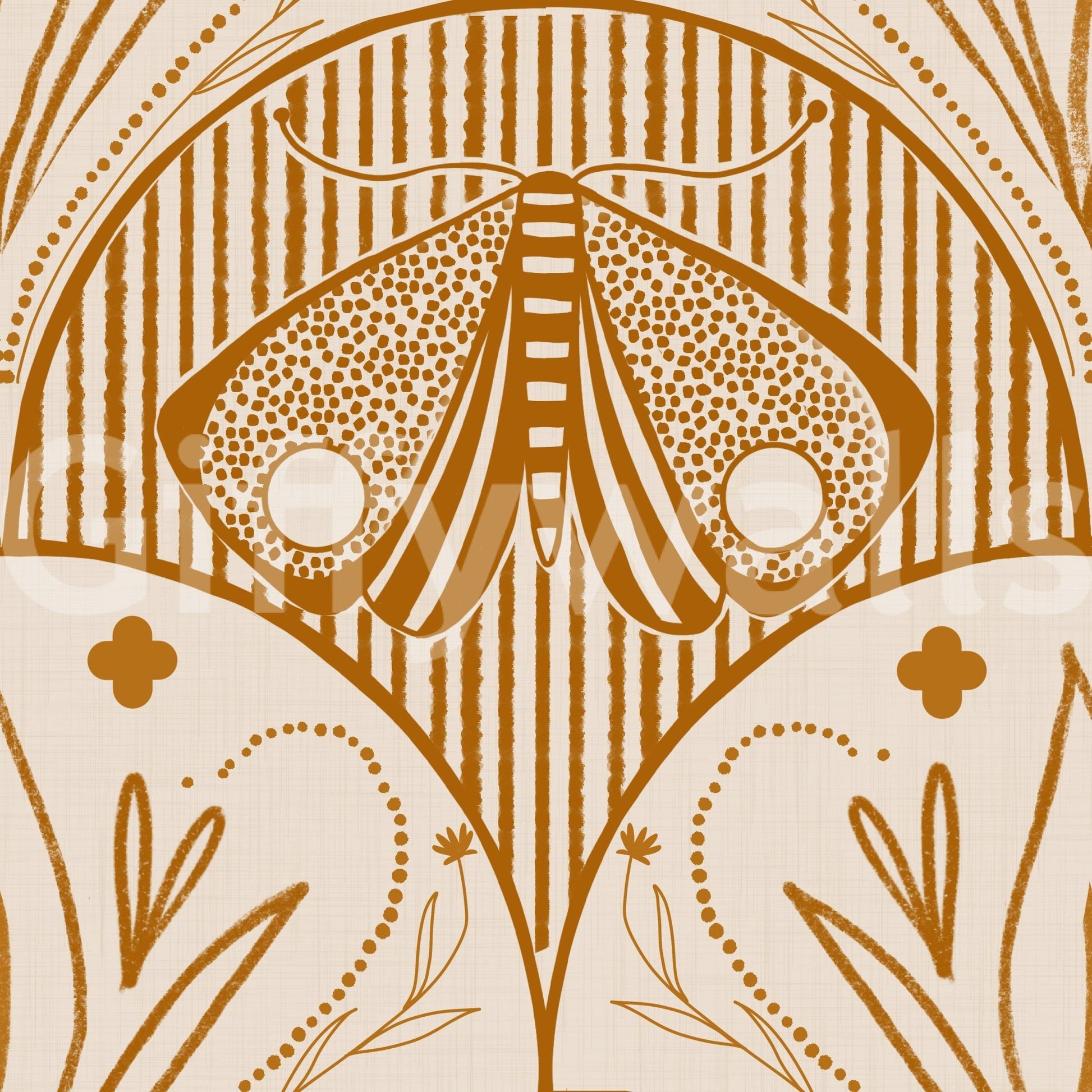 Boho Art Nouveau wallpaper for walls, rust color, abstract insect, textured linen look.
