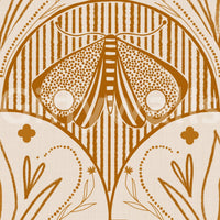 Boho Art Nouveau wallpaper for walls, rust color, abstract insect, textured linen look.
