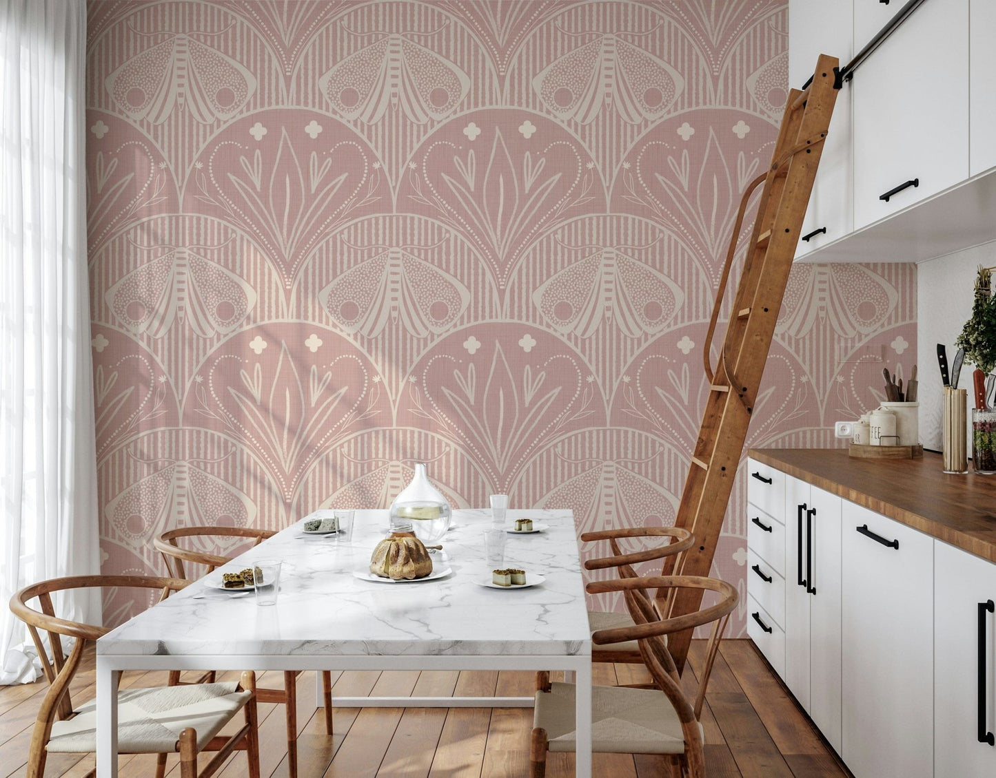 Boho Art Nouveau Scallop Butterfly Floral in Cream and Dust Pink wallpaper mural along a kitchen with marble table and ladder