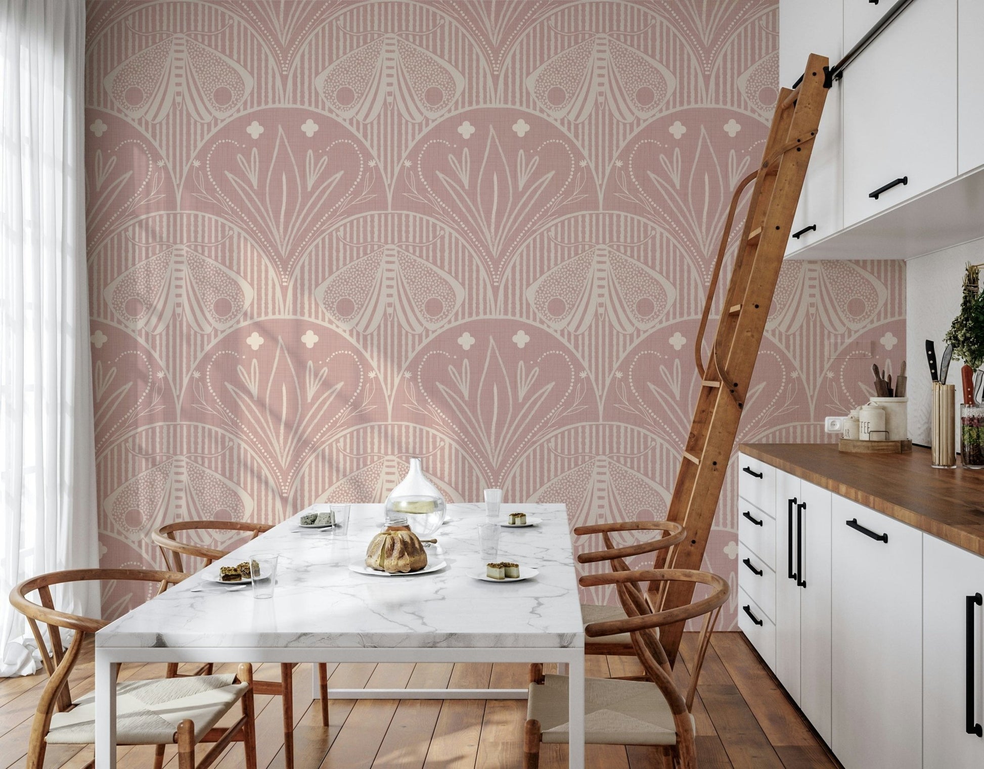 Boho Art Nouveau Scallop Butterfly Floral in Cream and Dust Pink wallpaper mural along a kitchen with marble table and ladder