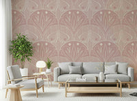 Boho Art Nouveau Scallop Butterfly Floral in Cream and Dust Pink wallpaper mural behind a grey sofa and armchair