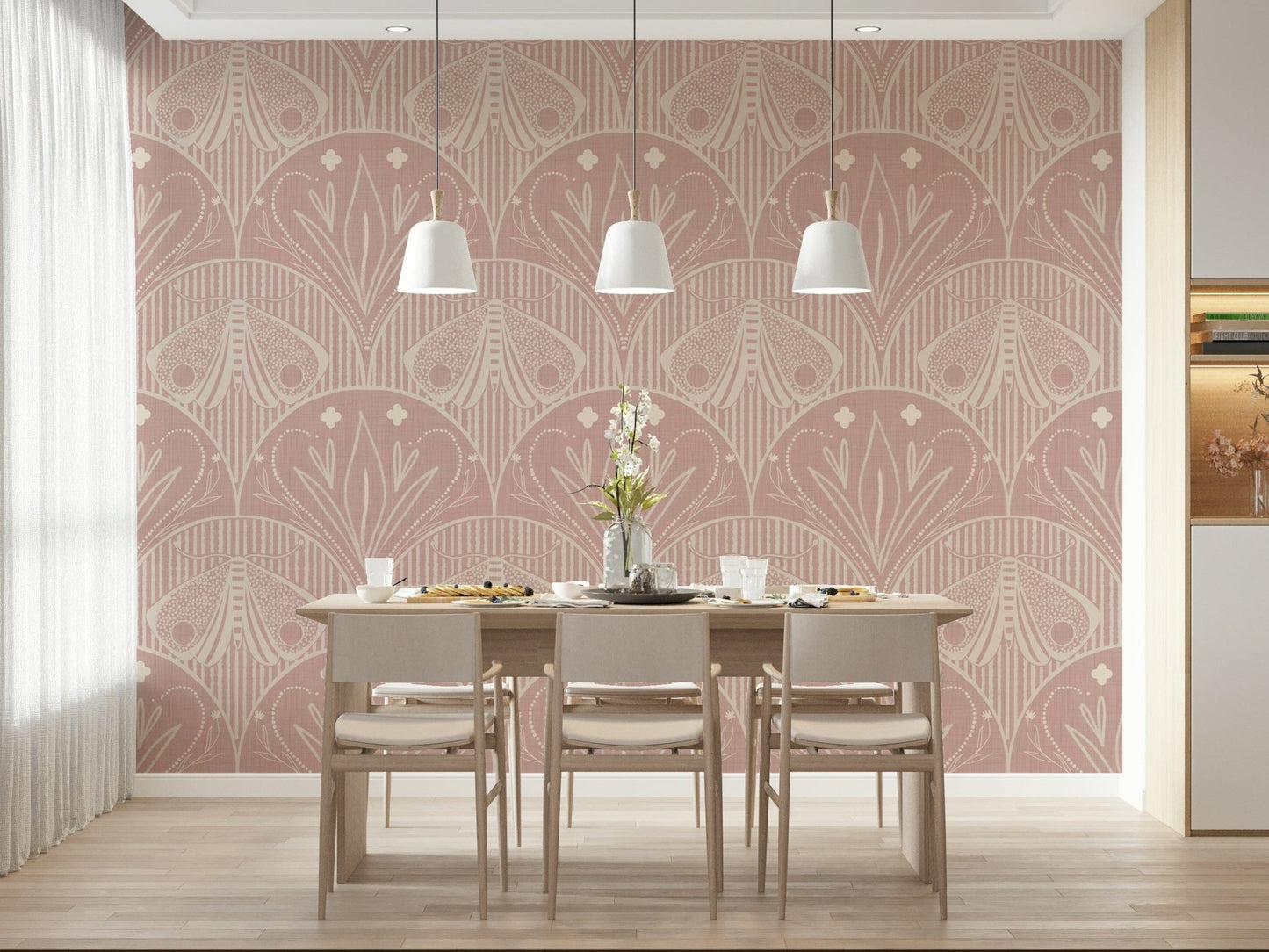 Boho Art Nouveau Scallop Butterfly Floral in Cream and Dust Pink wallpaper mural behind a wood dining table and chairs