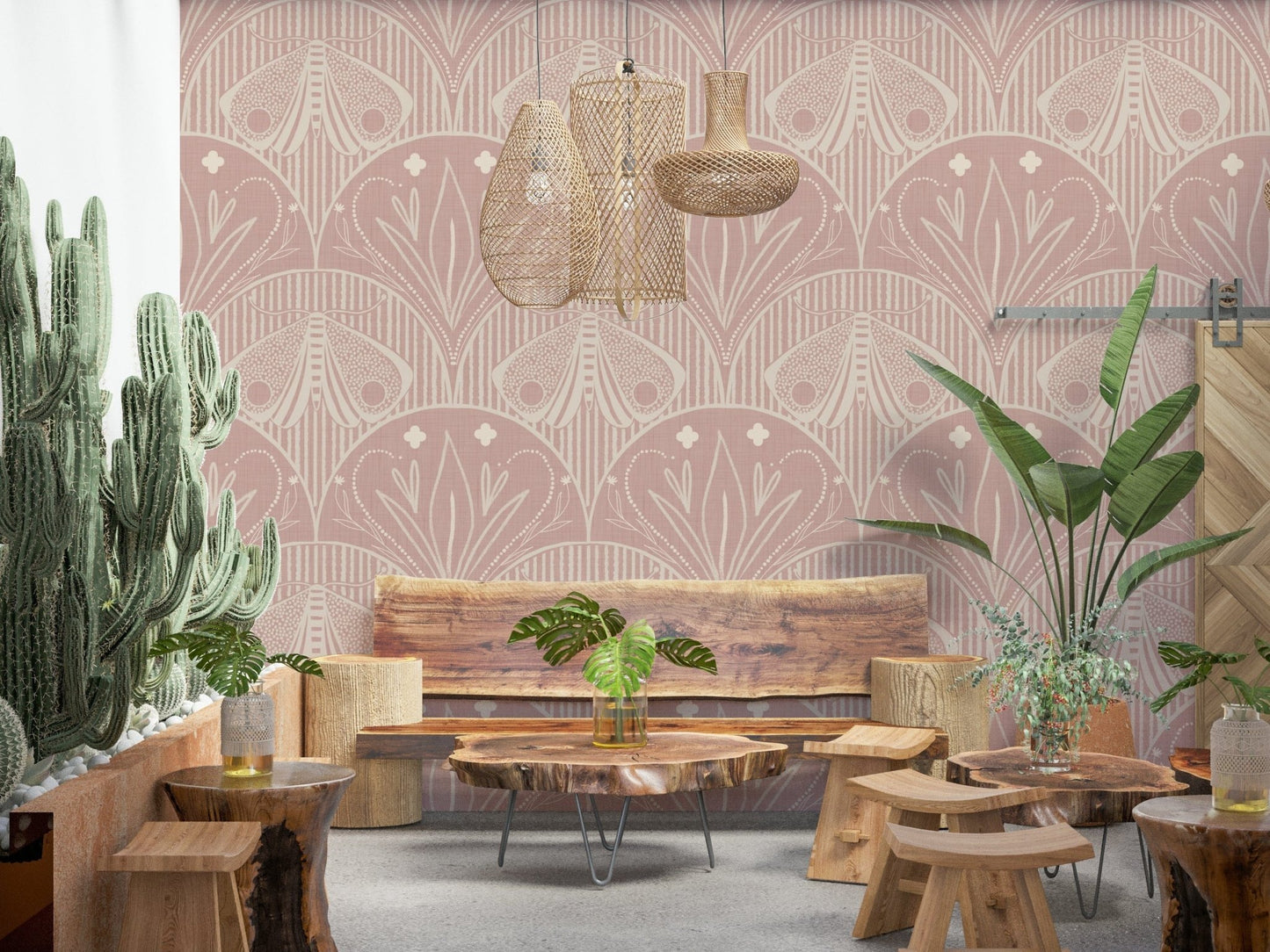 Boho Art Nouveau Scallop Butterfly Floral in Cream and Dust Pink wallpaper mural in a boho lounge with wood stump tables