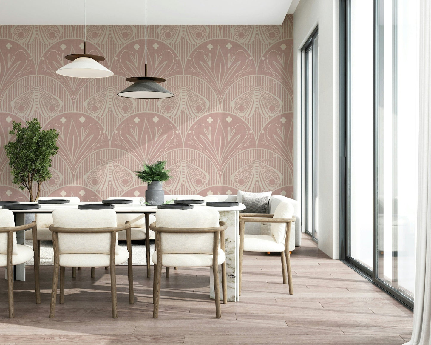Boho Art Nouveau Scallop Butterfly Floral in Cream and Dust Pink wallpaper mural behind a white dining table by tall windows