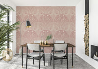 Boho Art Nouveau Scallop Butterfly Floral in Cream and Dust Pink wallpaper mural behind a wood dining table with black chairs