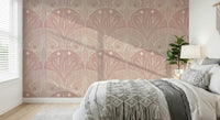 Boho Art Nouveau Scallop Butterfly Floral in Cream and Dust Pink wallpaper mural behind a bed with a macrame tassel throw