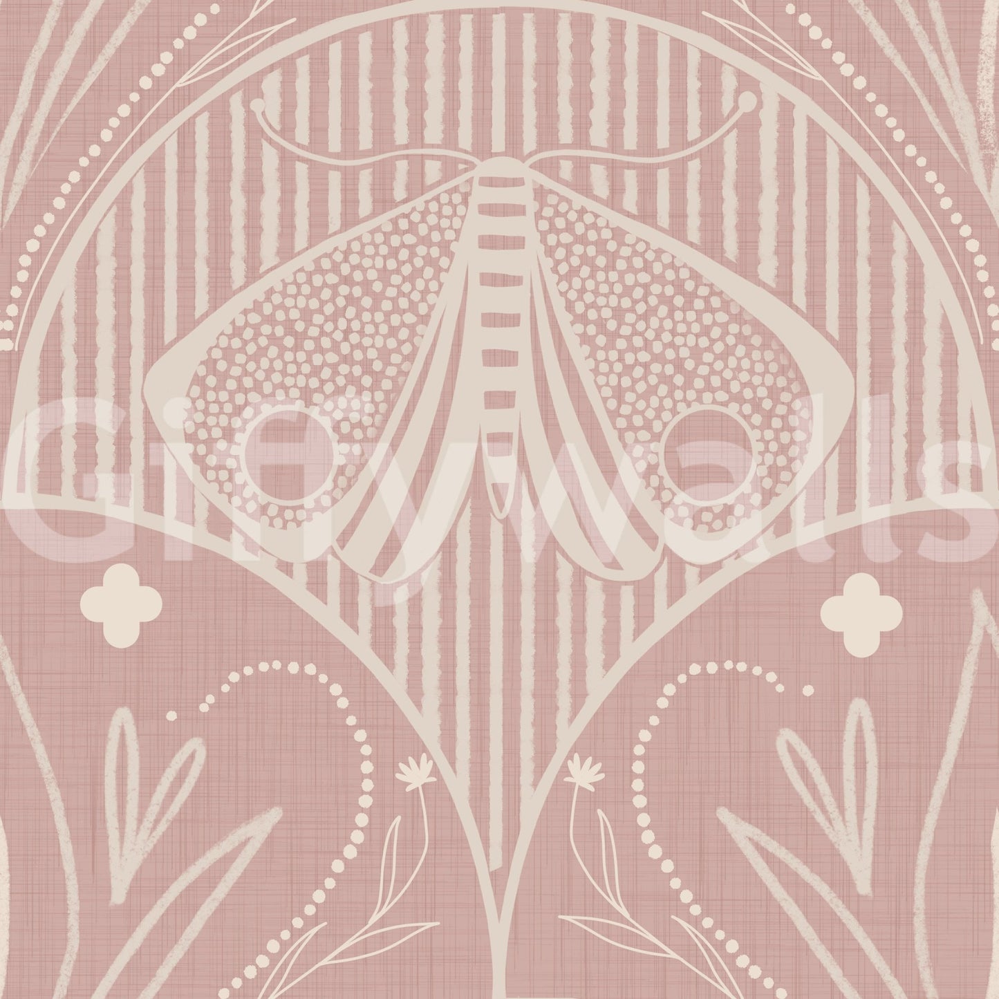 Boho Art Nouveau Scallop Butterfly Floral in Cream and Dust Pink wallpaper close-up showing the cream moth on dusty pink