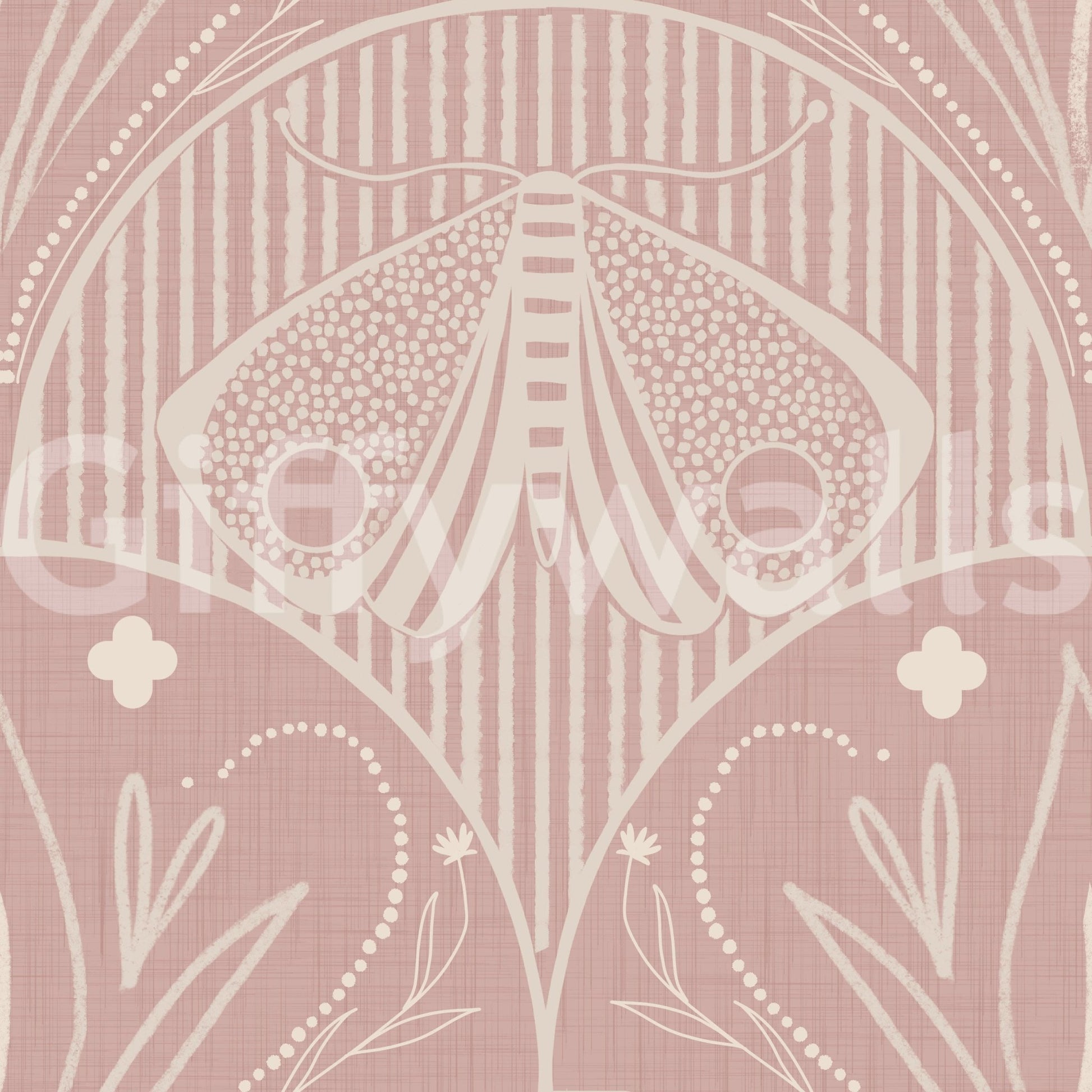 Boho Art Nouveau Scallop Butterfly Floral in Cream and Dust Pink wallpaper close-up showing the cream moth on dusty pink