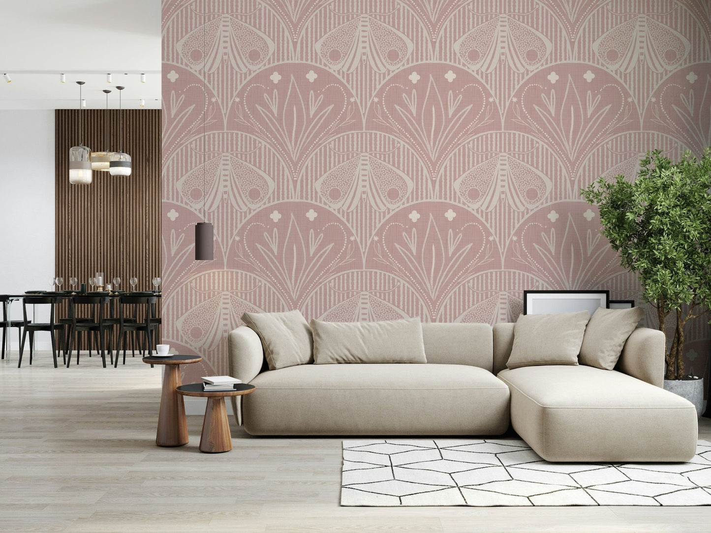 Boho Art Nouveau Scallop Butterfly Floral in Cream and Dust Pink wallpaper mural behind a beige low sofa in a living room