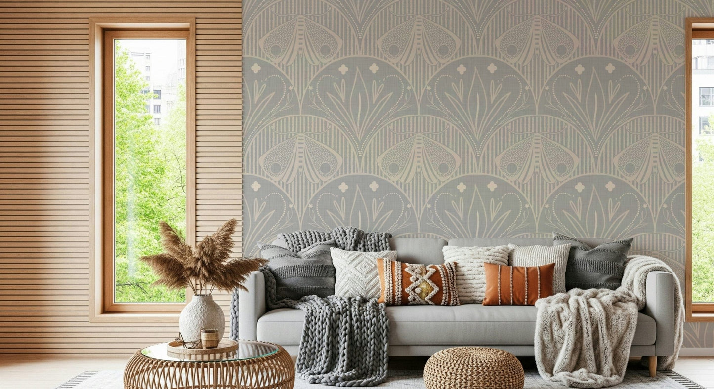 Art Nouveau scallop creature wall mural ethereal light grey design.