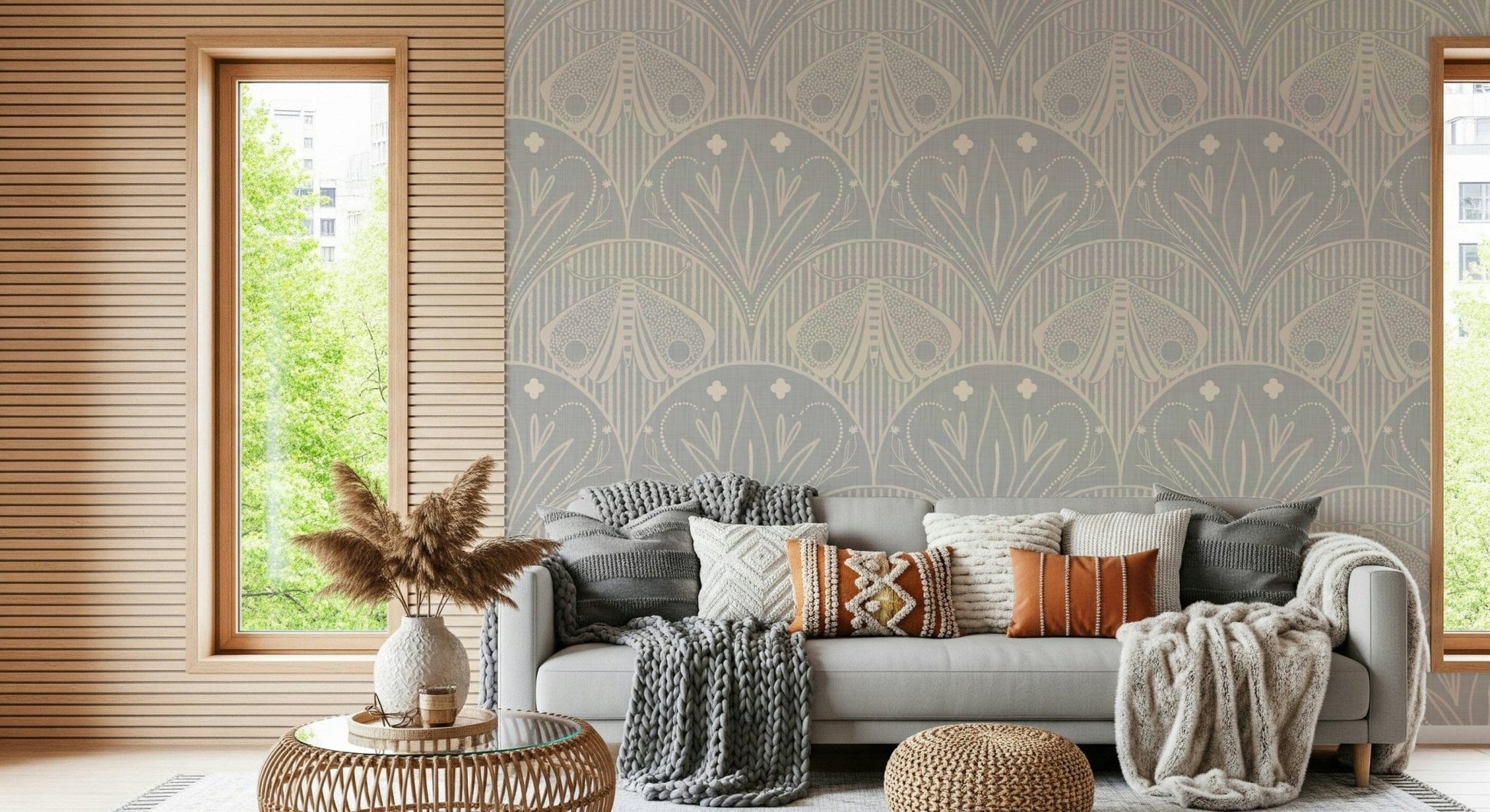 Art Nouveau scallop creature wall mural ethereal light grey design.