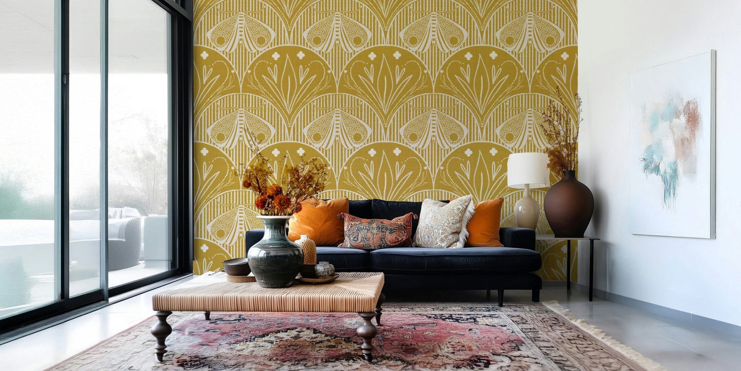 Boho Art Nouveau Scallop Butterfly Floral in Mustard Gold Wallpaper⁠