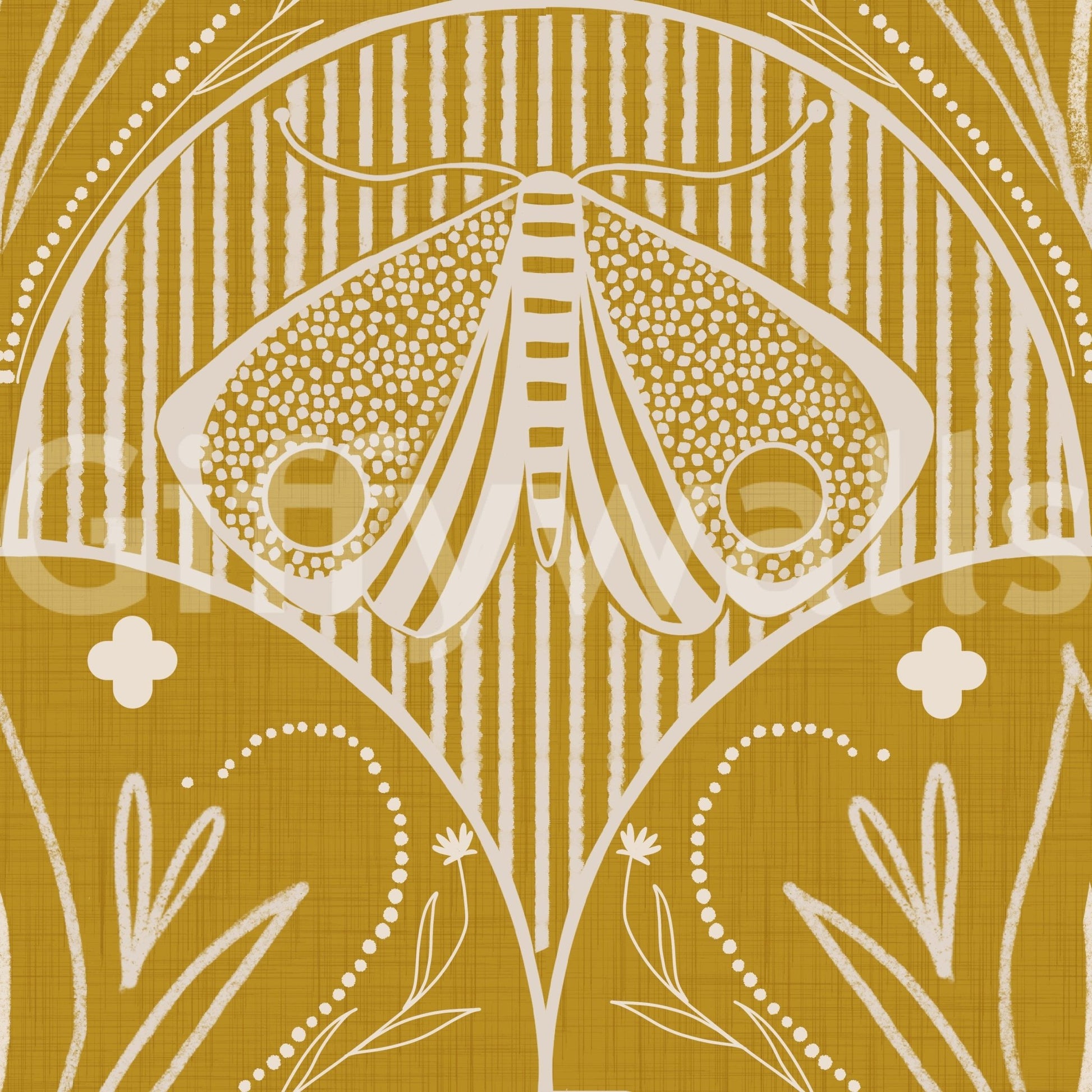Boho Art Nouveau Scallop Butterfly Floral in Mustard Gold Wallpaper⁠