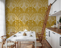 Boho Art Nouveau Scallop Butterfly Floral in Mustard Gold Wallpaper⁠