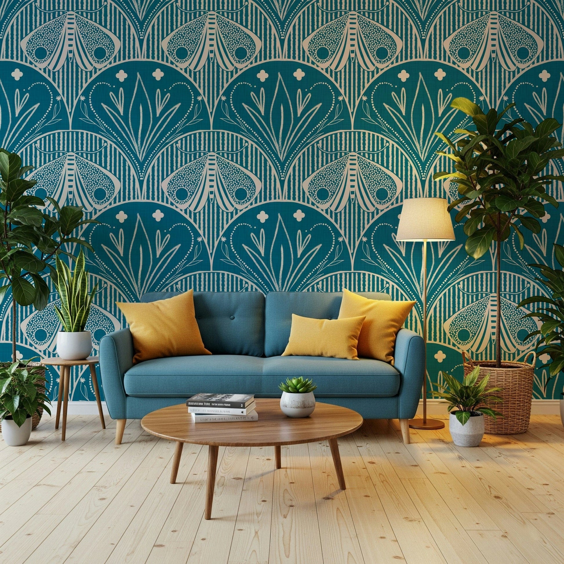 Striking Scallop Butterfly Floral in Teal Blue peel and stick wallpaper art.