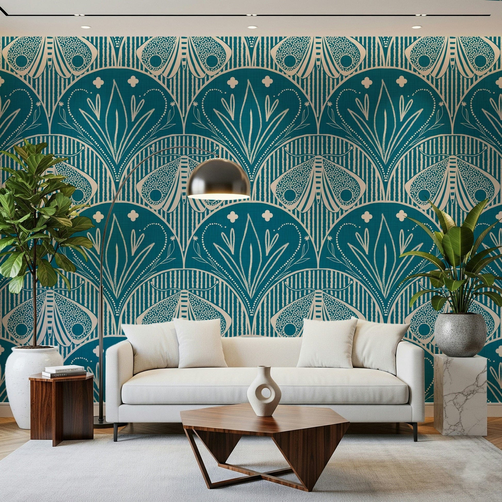 Statement Scallop Butterfly Floral in Teal Blue decorative covering moth image.