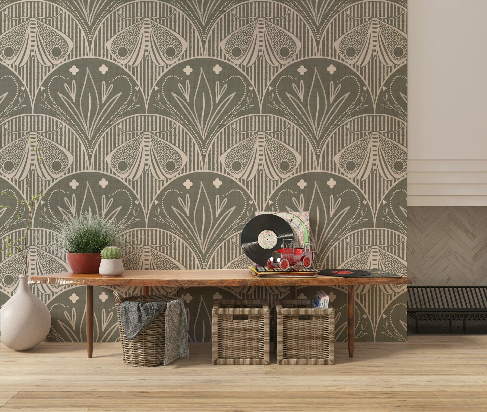 Boho Art Nouveau Scallop Butterfly Floral in Warm Taupe Grey Wallpaper⁠