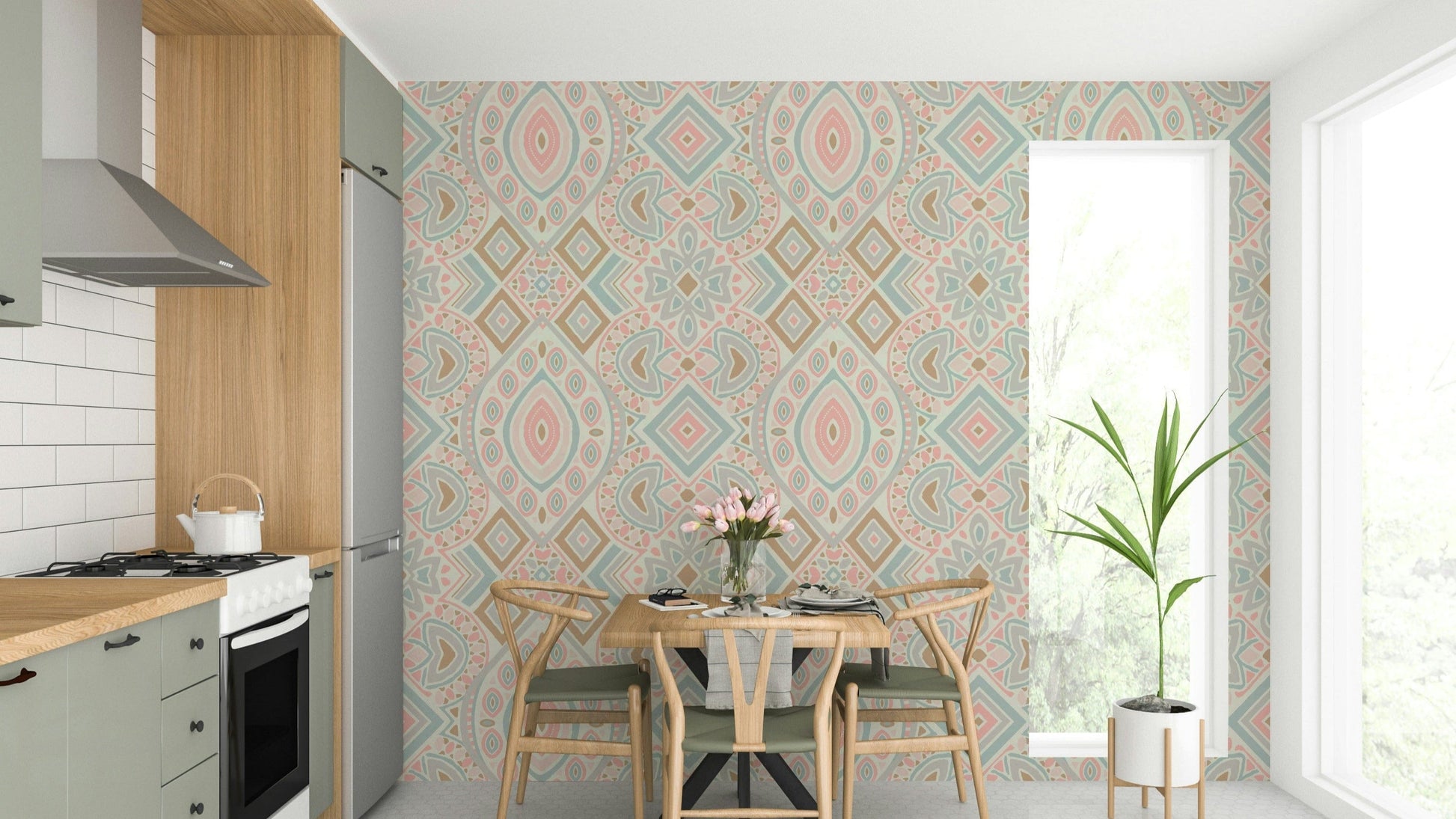 A full-wall mural showing a geometric Aztec-inspired pattern.
