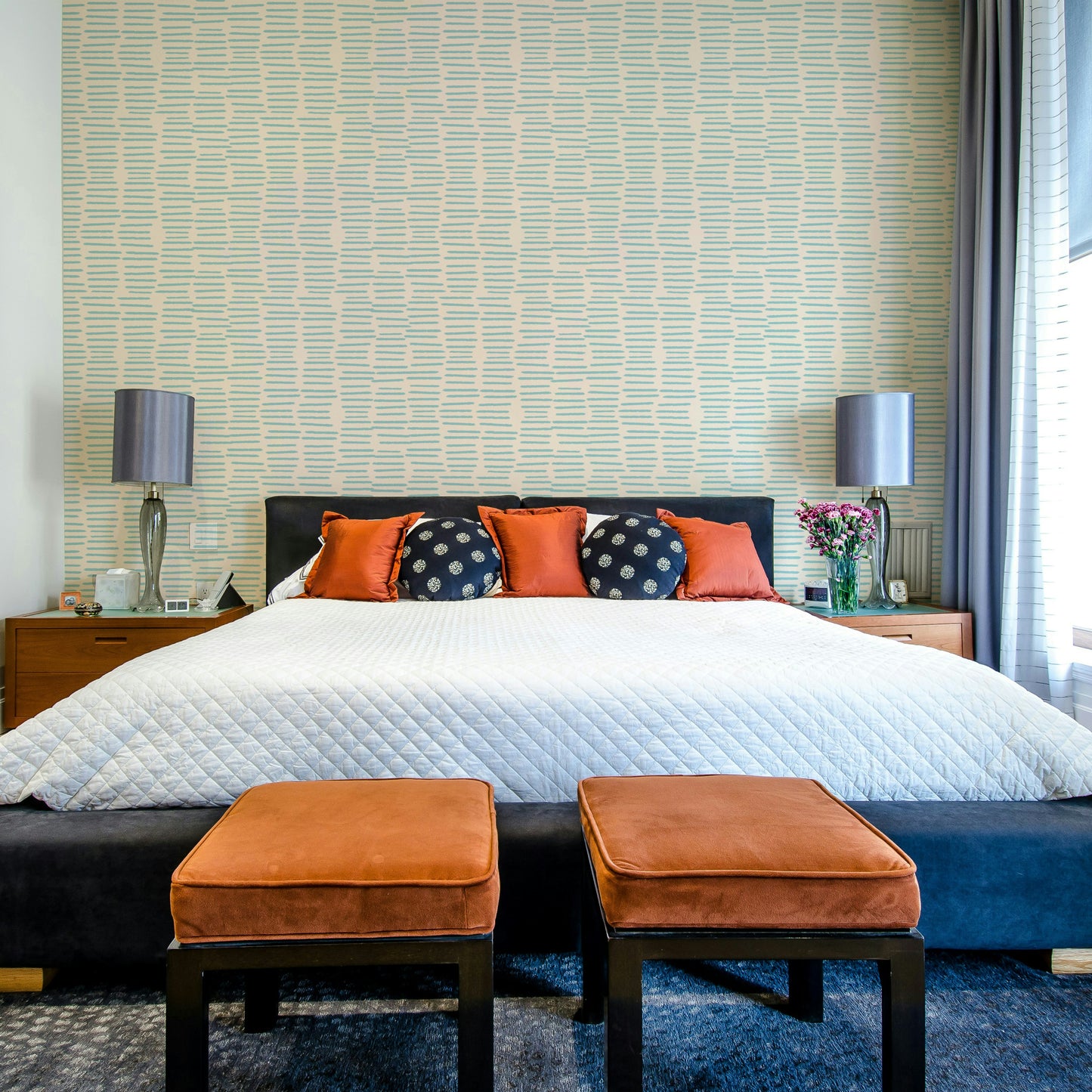 Boho-style wallpaper with pale blue lines

