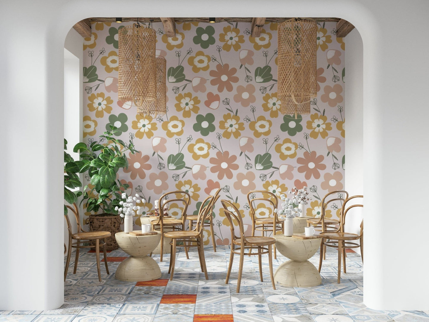 A boho blooms wallpaper featuring large retro-style flowers in muted green, mustard, and blush tones.