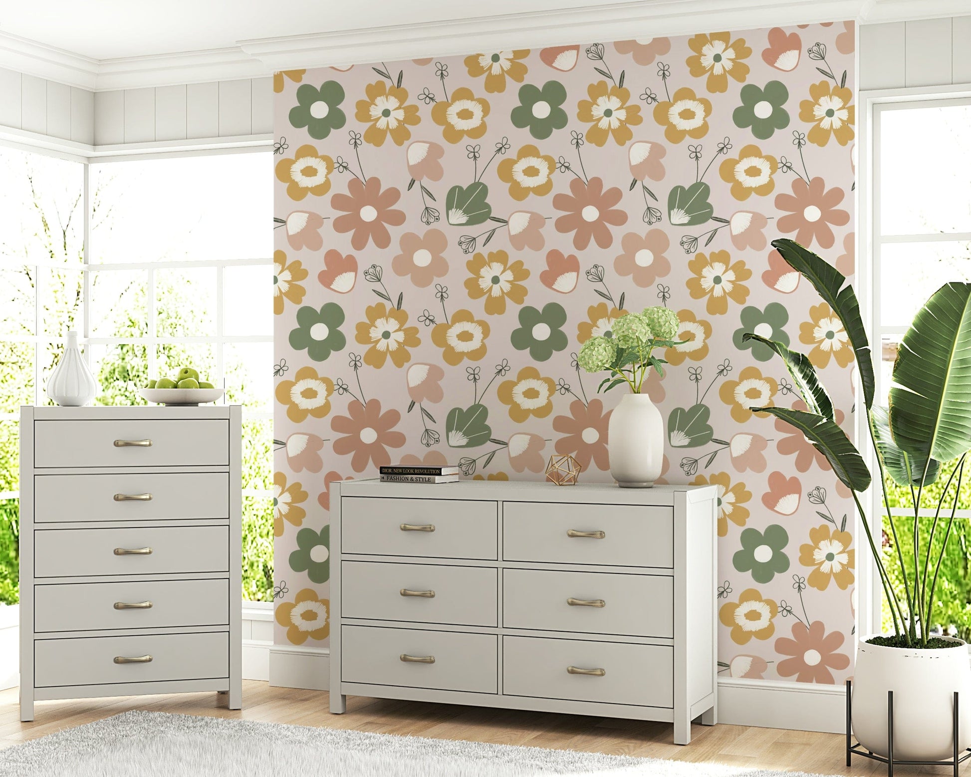 Soft pastel floral motifs arranged in a playful bohemian pattern across this charming wallpaper.