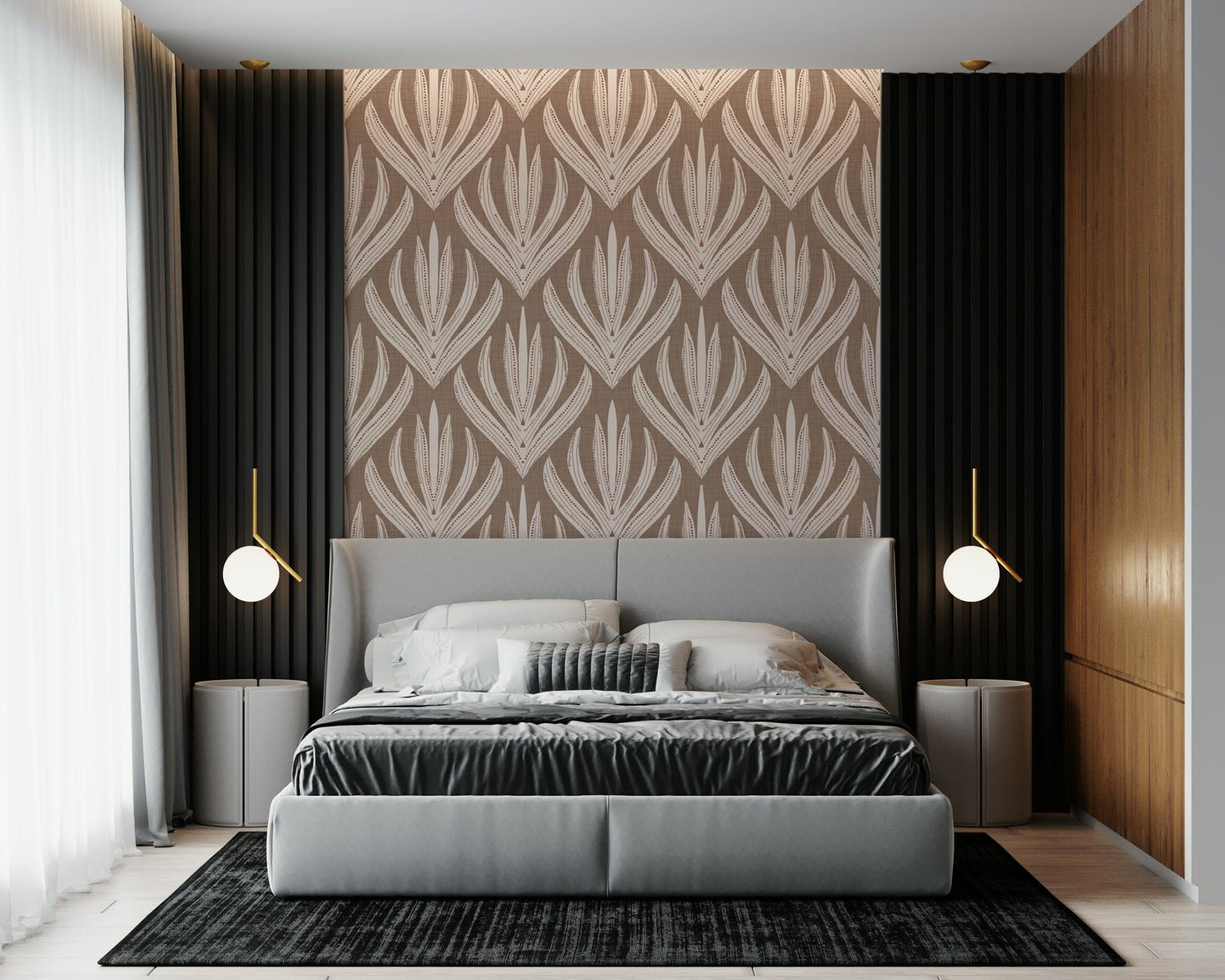 Modern boho wallpaper mural with repeating organic leaf forms and subtle natural tones.