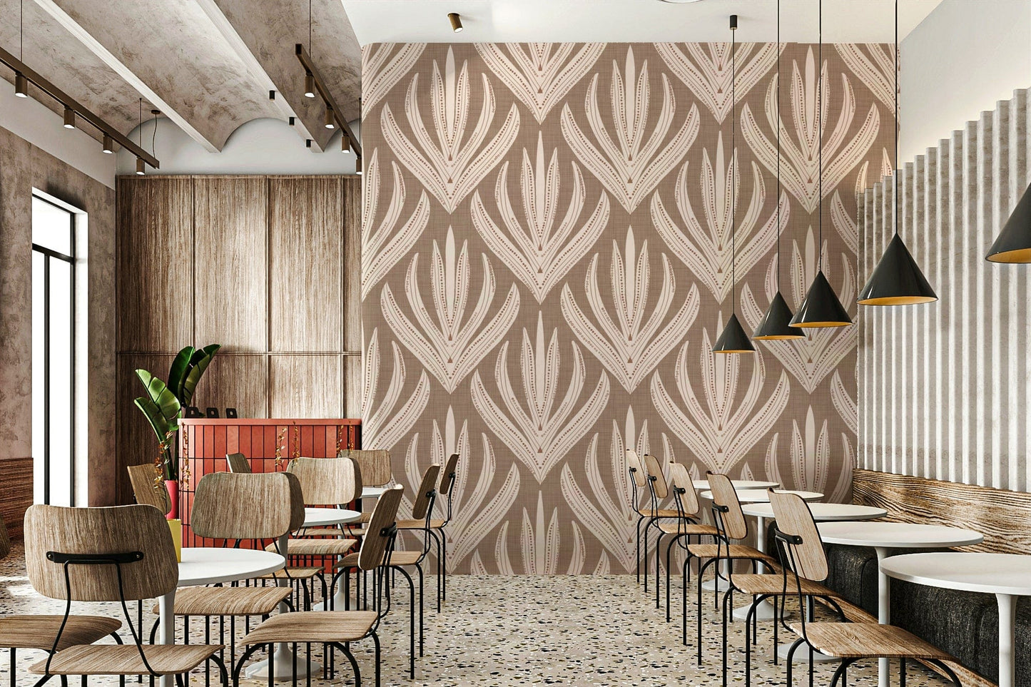 Boho Botanical Echoes wallpaper mural with intricate plant-inspired shapes on a textured backdrop.