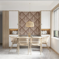 Botanical wallpaper featuring symmetrical boho-inspired motifs in cream and taupe.