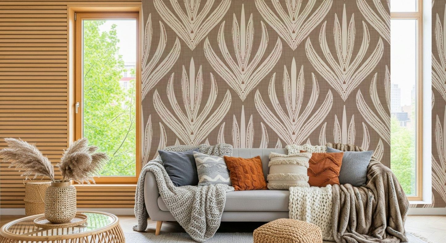Artistic wallpaper featuring cream botanical silhouettes outlined with delicate dotted lines.